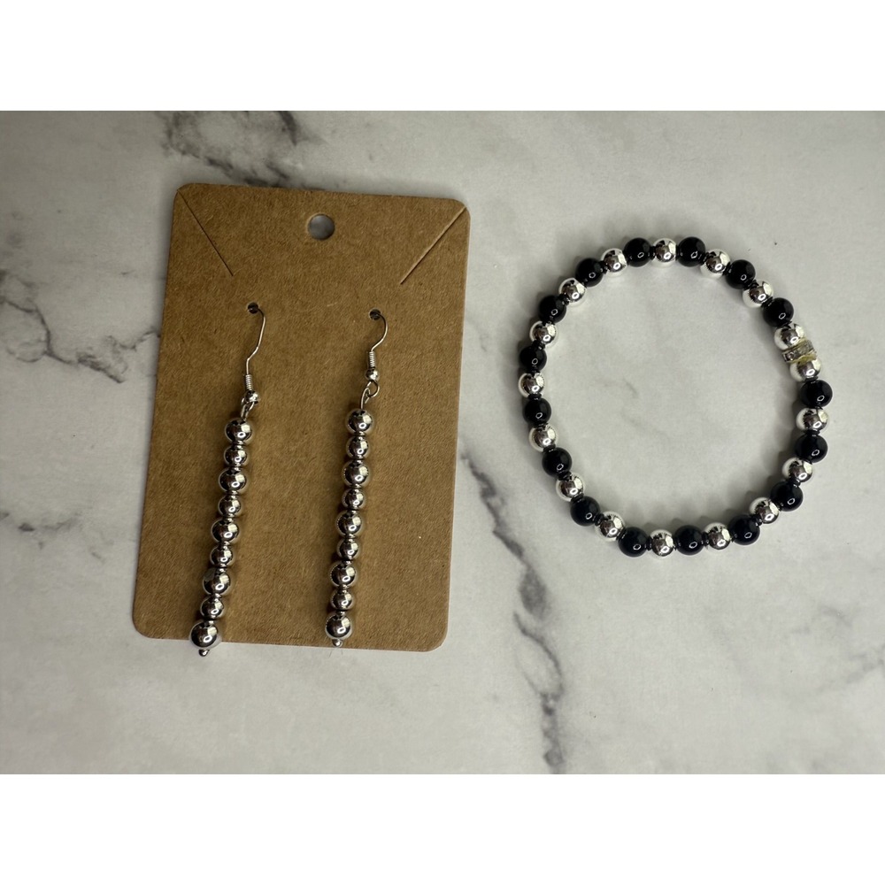 handmade‎ beaded dangle earrings and bracelets black and silver tones